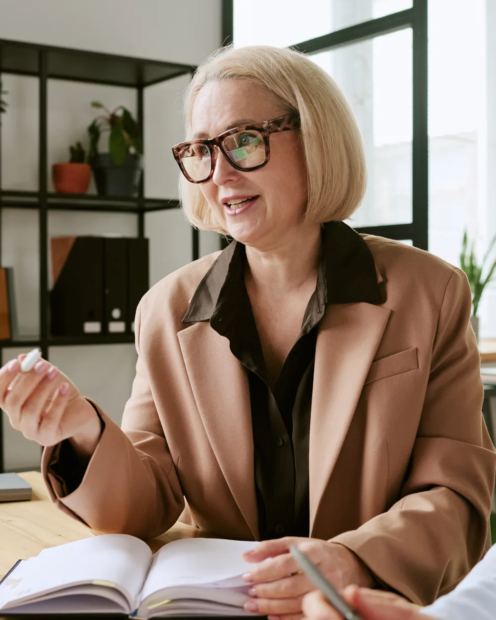 A senior mentor coach shares her experience with a fellow coach during a mentoring session.